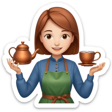 A cheerful woman wearing a winter apron, pouring cocoa from a kettle into tiny cups.
 sticker