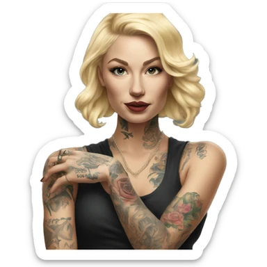 Blonde elegant women, her Body Covered with Tattoos, POINTING YOU with her ONE HAND , Hyper realistic sticker