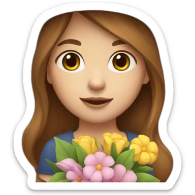 white skin, Girl with a hat, brown hair straight to the shoulders, holding a bouquet of flowers sticker