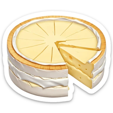 round camembert cheese wheel, white bloomy rind, creamy pale yellow inside, one slice cut out showing soft slightly oozing center, smooth rich texture, subtly wrinkled rind, no box or extras, soft lighting, emoji scale sticker