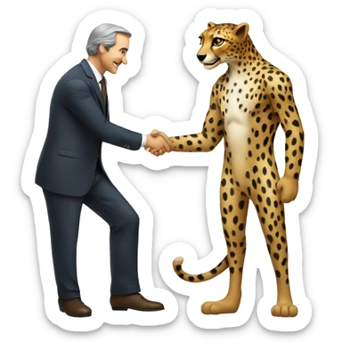 A cheetah in a classic suit shakes hands with a man  sticker