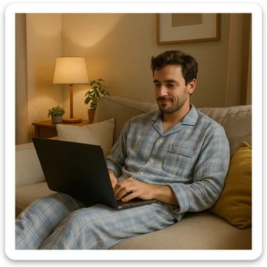 man lounging in pajamas, typing on a laptop, comfortable environment, relaxed and casual home vibe sticker