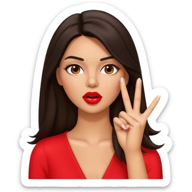 Create a glossy 3D emoji-style illustration of a glamorous brunette model inspired by Kendall Jenner, with long dark hair and defined features, making a “shh” gesture with one finger to the center of her lips. other hand is not in the picturePlayful, sticker