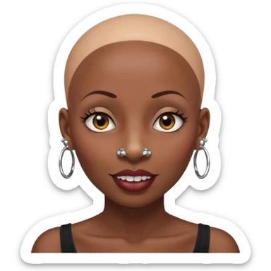 Grown black (proud) woman, bald with a perfect head, a prominent nose with a septum piercing, many piercings on her ears, a gap between her front teeth and very long nails sticker