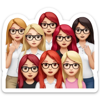 a friend group with 6 girls. one is blonde with glasses and a light skin, one is thailand and has long red hair and glases, the other one is turkish and has glasses on and dark hair, the other is german with dark long hair and dark eyes, the other one has middle length brown hair beautiful brown eyes and brown eyebrows and beautiful long lashes, and the other is blonde and shy  sticker