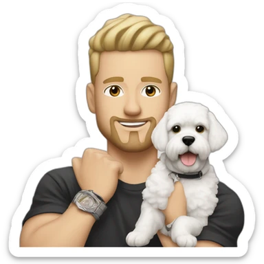 white male rapper flexing with a bichon sticker