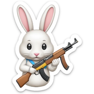 Crea un emoji de un conejo sosteniendo una  Ak47 con pasamontañas enojado sticker