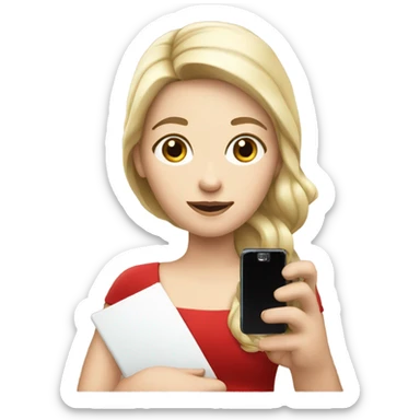 a white skin  girl in a red dress holding a cell phone sticker