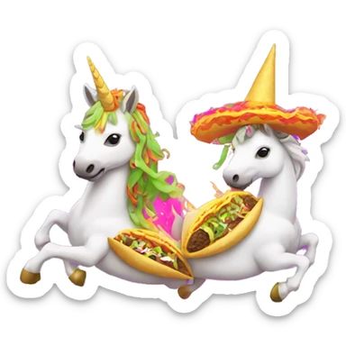two women eating tacos while riding a unicorn surrounded by a neon heart that’s on fire sticker