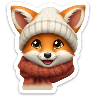A cute little charming fox cub in a winter hat and scarf shows his tongue sticker