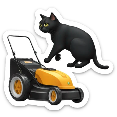 black cat pushing a push lawnmower sticker