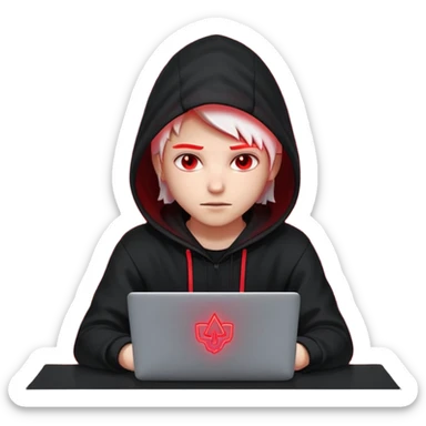 developer behind his laptop with this style : Crytek Crysis Video game neon glowing bright red character red black hooded hacker themed character sticker