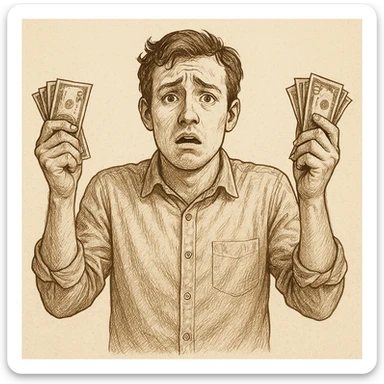 a person with a confused expression, hands up in the air, holding money, looking helpless, detailed illustration sticker