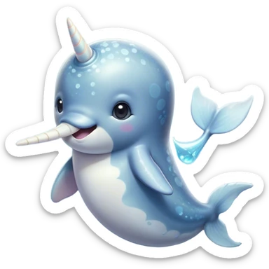 Cinematic Cute Narwhal Portrait Emoji, Head tilted playfully and inquisitively, showcasing a sleek, streamlined body with subtly iridescent, mottled gray skin and a prominently spiraled ivory tusk, complemented by round, sparkling eyes full of gentle wonder, Simplified yet irresistibly adorable features, highly detailed, glowing with a warm, friendly arctic glow, high shine, affectionate and lively, stylized with a touch of whimsical marine charm, soft glowing outline, capturing the essence of a mischievous yet loving narwhal that seems as if it could frolic out of the screen into your heart! sticker