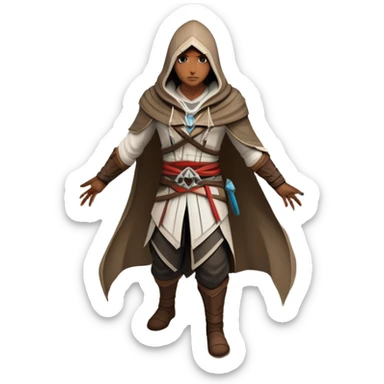 An icon representing an adventure game, inspired by Assassin's Creed. The design features a heroic character in hooded attire, scaling a tall building in a historical cityscape. The background shows ancient architecture and hidden symbols, symbolizing exploration and stealth. Transparent background  sticker