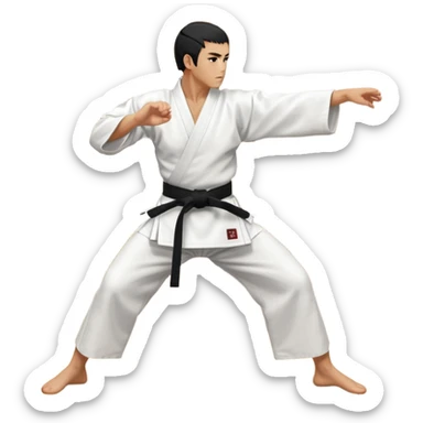 An icon showcasing a martial artist in a dynamic aikido move, performing a graceful throw or joint lock. The background includes a traditional dojo with wooden floors and simple decor. The artist wears a white gi with a black hakama, emphasizing the fluidity and precision of aikido. T sticker
