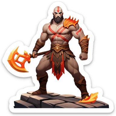 An icon showing a powerful warrior wielding a weapon, inspired by God of War: Ragnarok. The design captures the character’s strength, with dynamic motion lines. A fiery, mythological background with mountains and ruins enhances the epic atmosphere. Transparent background. sticker