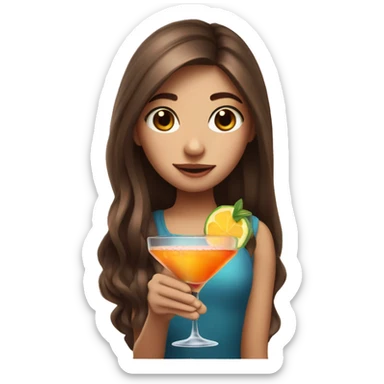 Dizzy cute girl with long brown hair holding a cocktail sticker