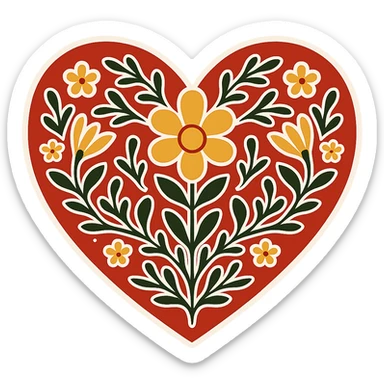 Add a white outline around the motif so it stands out against the red heart. Keep the motif geometric and bold, maintain the red color and the border around the heart. The style should be Slavic folk art. Transparent background. sticker