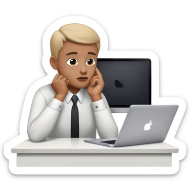 A business professional at a MacBook, gazing upward with a pensive expression, one hand on chin, lost in thought sticker