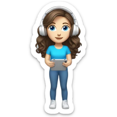 brunette white girl with long hair blue eyes listening to music with her phone in her hand with white wired headphones  sticker