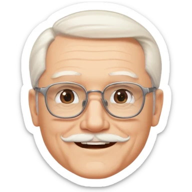 old guy, swept back white hair with no part, blocky face, rectangle frame glasses, goatee, no moustache sticker