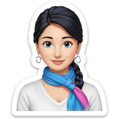 generate a pretty bratz emoji 
Make her wear a white shirt with a colorful blue-pink scarf wrapped around her neck. smiling big. Black hair tied into a side part ponytail, silver hoops and no necklace

She should look exactly  like Kareena Kapoor. kajal under eyes sticker