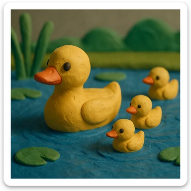 duck family swimming in a pond, vibrant colors, soft lighting, textured look, claymation style sticker