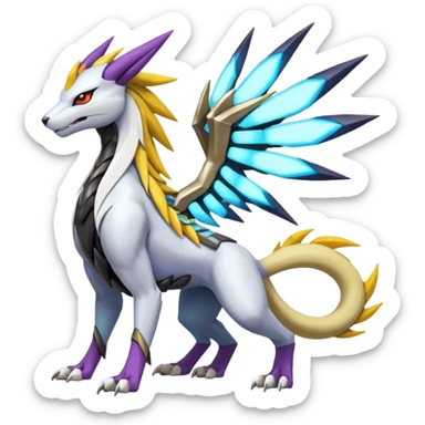 Colorful Futuristic Meloetta-Manectric-Solgaleo-Raikou-Wargreymon-Sergal-Pokémon-Digimon-Fakémon-fusion-hybrid-creature sticker