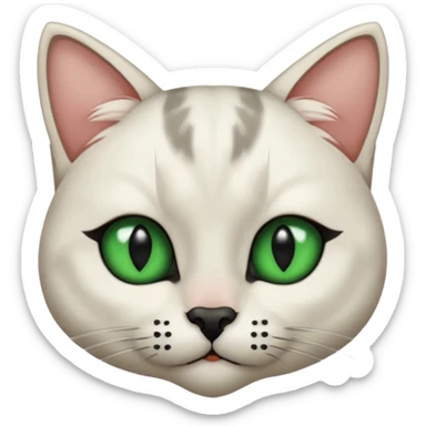 Haz una gata de ojos verdes la cara blanca con mancha negra en las orejas que agarra parte de la frente del lado der pero del iz va desde el ojo hasta la oreja la mancha, tiene la nariz negra en forma de corazón y todo lo que sobra de la cara, barbilla la nariz arriba y el lado de bigotes es blanca sticker