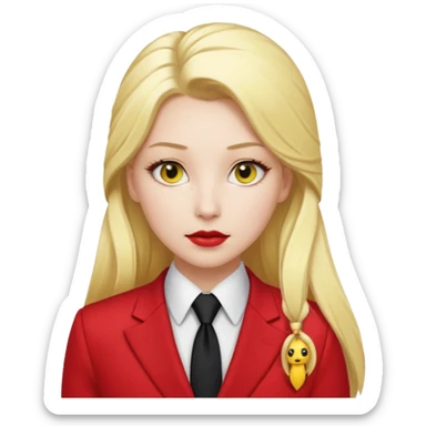 Woman with porcelain white skin, thick blonde hair that's in a thick, long ponytail, has a black nose, yellow scleras, red pupils, and a red suit with a black tie. sticker