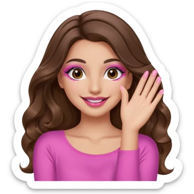 girl with long wavy brown hair, brown eyes, long lashes, makeup, sexy pink lips, light to medium complexion, wearing a pink sexy top, smiling, hands covering over the eyes sticker