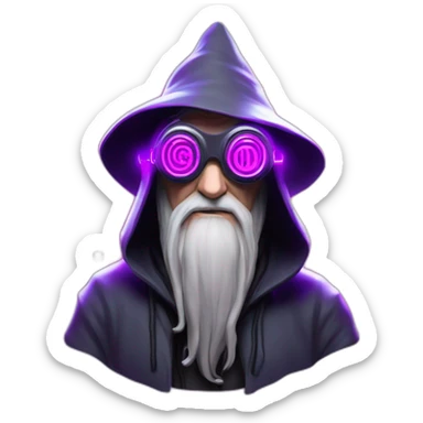 Gandalf wearing a black hoodie with "OMG" letters on it and VR headset in a cyberpunk VR environment with violet neon lighting. sticker