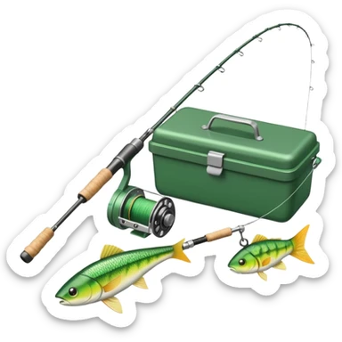 A fishing rod with reel and line neatly coiled beside a bait box.

 sticker