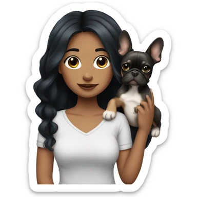Girl with black long hair holding Merle Frenchie  sticker