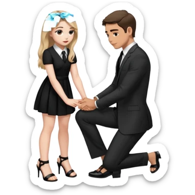  Sabrina carpenter kneeling down wearing a black dress with a tie with black heel sandals, putting her hand on man’s leg who is standing  sticker
