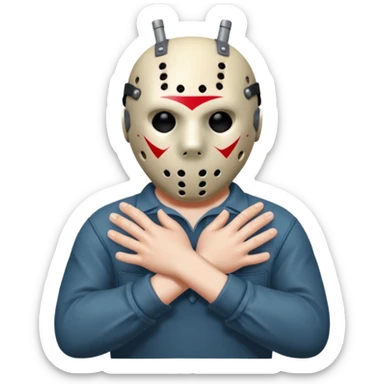 a cartoon image of Jason Voorhees, looking cute, with his hands clasped in front of him, at a sideways angle, looks like he is in love sticker