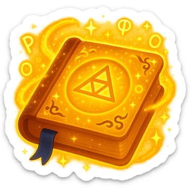 Make the mystic yellow book even more magical with sparkling magical energy, enchanted symbols, glowing effects, and a whimsical magical aura. Style it to resemble an apple emoji style. Keep no background. sticker