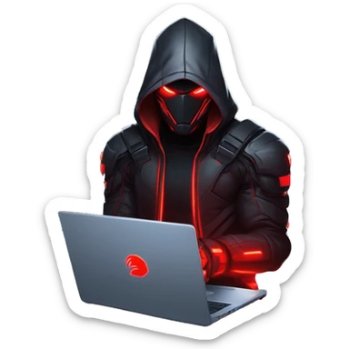 developer behind his laptop with this style : crysis Cyberpunk Riot Games Valorant neon glowing bright red character red dark black hooded assassin themed character sticker