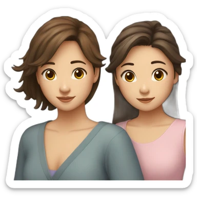 Two girls friends with brown hair, one with short hair, second asian with long hair hugging each other sticker