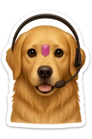 A golden retriever emoji wearing a realistic, normal customer support headset (not exaggerated or cartoonish). The style is simple and clear with no background. sticker