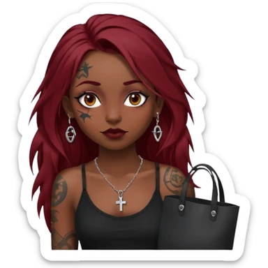 generate an ios genmoji of a girl with long dark red messy hair with eyeliner on her eyes.  septum piercing, wearing a cami black top, has tattoos, on shoulders. ear piercings. wearing a cross silver necklace. carrying a tote bag on her shoulders with chart paper peeking out. sticker