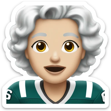 White female older female light skin light lips white hair short hair wavy hair blue eyes wearing Philadelphia eagles jersey cheering sticker