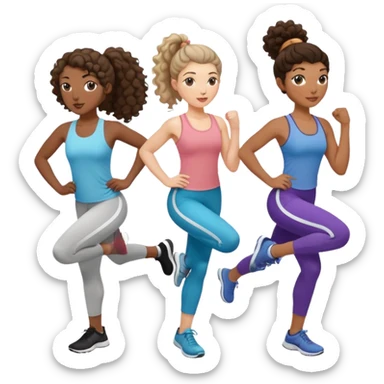 three women friends exercising together, one black woman with curly brown hair, one pale white woman with curly brown hair, and one white woman with straight brown hair in a ponytail sticker