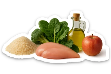 Riso basmati
Petto di pollo
Verdura fibrosa verde
Olio EVO
Mela
vista frontale, iperrealistico 4k sticker