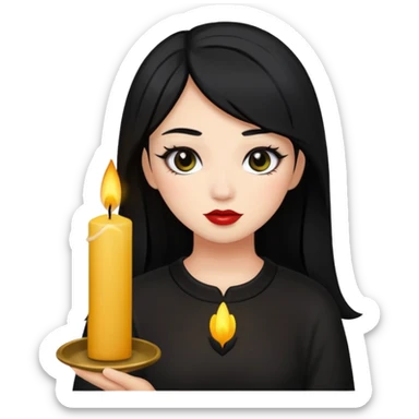 A gurl with black hair make up holding a candle sticker