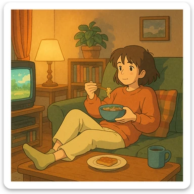 ghibli style cozy scene of a girl relaxing, watching TV and eating, warm lighting sticker