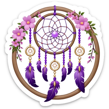 A white-wooden-circle-framed Dreamcatcher. with purple-round-orbs, gold-rings hanging down. purple flowers, pink sakura flowers, sticker