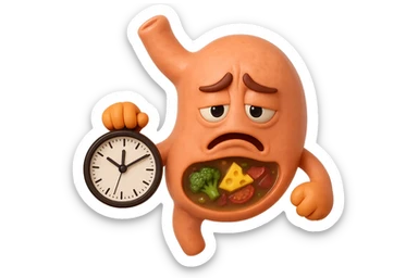EMOJI STILE IPHONE 3D DI UNo stomaco umano con espressione dolornate, ha del cibo visibile dentro che non sta digerendo. in mano tiene un orologio da muro, iperrealistico 4k sticker