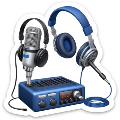 Create a sleek and professional emoji that represents voice acting and dubbing equipment. The design should feature a high-quality microphone, a sound mixer or audio interface, and headphones to symbolize the recording and technical process. Include elements like a soundproof booth or audio cables to reflect the studio environment. Use a modern, clean design with colors like silver, black, and dark blue to represent the professional side of voice acting. The background should be transparent. sticker